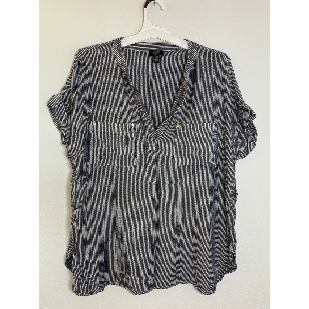 Jones New York Signature Womens XL Striped Short Sleeve Blouse Navy White Top